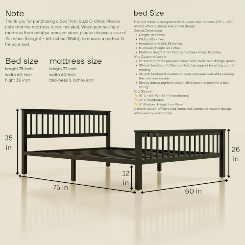 Image of Queen Size Metal Bed Frame Without Storage | Queensize Metal Bed | Queen Iron Bed | Queen Steel Bed | Heavy Duty Platform Bed | Double Bed Cot | Steel Slats | Noise Free | No Box Spring Needed | Black