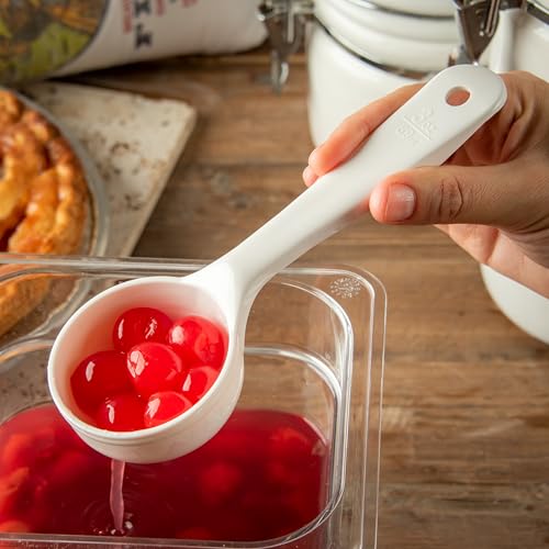 Image of Carlisle FoodService Products 8 inch 3 oz Perforated Portion Control Spoon - Short Handle spoon - Flat Bottom spoon, Dishwasher Compatible, White