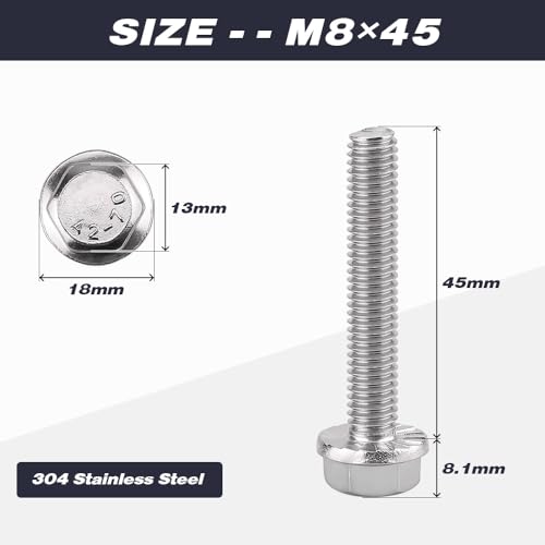 Image of M8-1.25 x 45mm (8 pcs) Flanged Hex Bolts, 304 Stainless Steel 18 /8, Large Washer Head Automotive Screws for Car Parts & Machinery Replacement