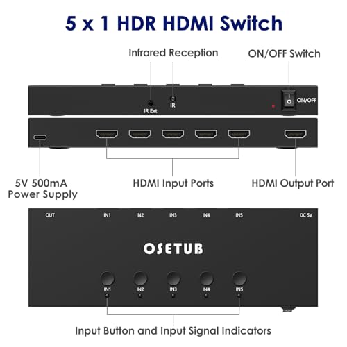 Image of 4K@60Hz 5 in 1 Out HDMI Switch, 5 Port HDMI Switcher Selector Support HDR10 & HDCP 2.2 & Full 3D with IR Remote Control Compitable with Nintendo Switch,Xbox PS5 /4,Fire Stick,Roku,Apple TV for Gaming