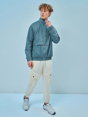 Image of Bewakoof Air 1.0 Men's Standard Length Solid Oversized Fit Full Sleeve Collar Nylon Windcheater Jacket