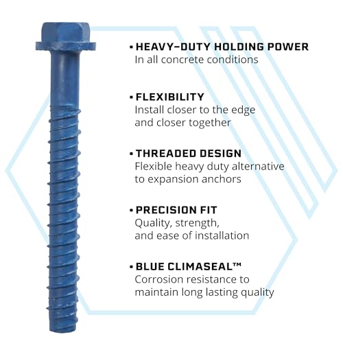 Image of Tapcon+ 3 /8 x 2-1 /4 Inch Heavy-Duty Hex Head Concrete Anchors, 60 PCS, Corrosion Resistant Blue Climaseal Coating, Outdoor Rated Use, Concrete Block & Masonry Brick Screws, Drill Bit Sold Separately