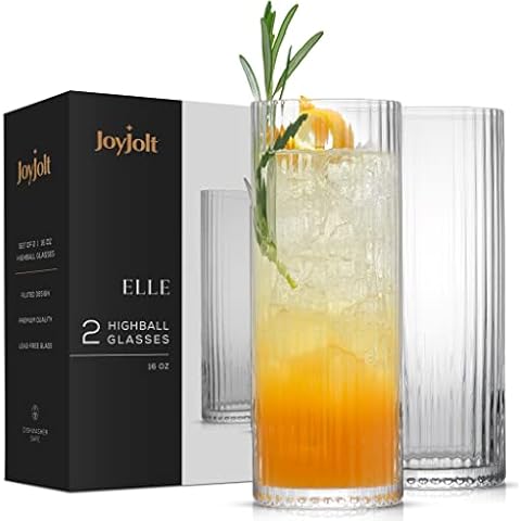 JoyJolt Fluted Highball Glasses - ELLE 16oz Tall Drinking Glasses Cover