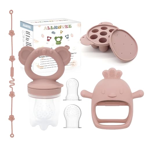 Image of Allruyee Baby Fruit Feeder & Mini Freezer Tray Combo - Baby Teether, Breastmilk Popsicle Molds for Teething Relief, Fresh Food Feeder for Safe Infant Self-Feeding, Extra Food Pouches(Pink)