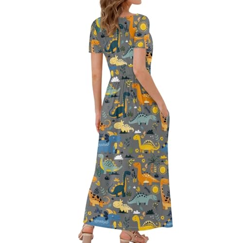 Image of Women's Fall Summer Short Sleeve Ankle Length V-Neck Party Dress with Pockets Size S-3XL