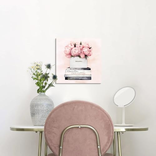 Image of cozy country Chanel-Inspired Canvas Wall Art - 12x12 Inches Luxury Fashion Artwork Print, Featuring Perfume, Books & Flowers, Perfect for Bathroom & Women's Room Decor