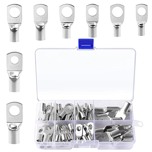 Newdeli 60 PCS Tinned Copper Wire Lugs Kit, Battery Lugs, Crimp Battery Cable Ends, Battery Terminal Connectors, Ring Terminals 10-4 Gauge