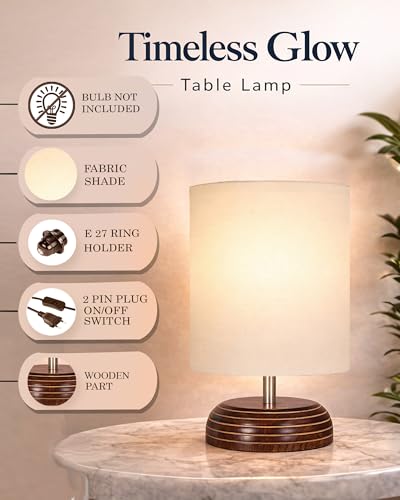 Image of Homesake Wooden Base Table Lamp with Fabric Drum Shade Aara | Warm Ambient Bedside Lamp for Bedroom, Living Room, Study, Office, Modern Classic Night Lamp Home Decor, (KD Off-White)
