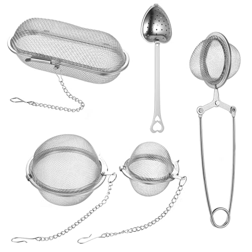 5 Stück Gewürzsieb zum Mitkochen, Edelstahl Teesieb Gewürzei, Gewürzball, Teekugeln, Metall Gewürzkugel mit Kette, Teaballs, Tee Ei Sieb Teeei für Losen Tee Gewürze Kräuter Mulling Würze