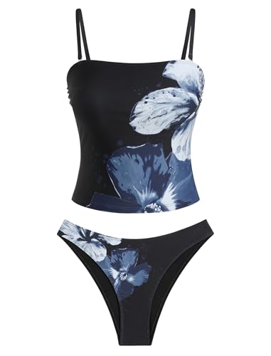 ZAFUL Womens Floral Tankini Swimsuits Bandeau Tummy Control High Cut Tankini Set Two Piece Bathing Suit(1-Blue Flower M)