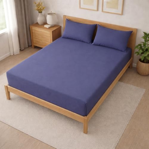Image of THE HOME STYLE Solid Plain Cotton Feel Fitted Bedsheet (72x78 inches) with Reversible Comforter (90x100 inches) | King Size | 2 Pillow Covers | 300 TC | 4-Piece Bedding Set (Blueberry)