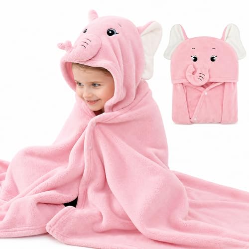 Image of ROMASA Baby Bath Towel Ultra Soft Hooded Towel Highly Absorbent Bathrobe Blanket Toddlers Shower Gifts for Boys Girls-27.5 inch x 55 inch (Pink Elephant)