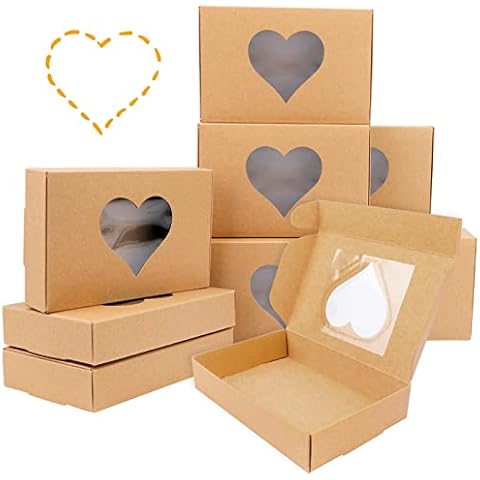 Qpout 12 Pack Love Heart Kraft Candy Boxes With Window, 7x4.7x1.3 inch Sweets Empty Packing Boxes, Valentine's Day Baby Shower Kids Birthday Wedding Party Cookie Cake Jewelry Small Presents Decoration Cover