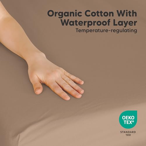 Image of 2 Pack and Play Sheets, Waterproof Mini Crib Sheets Fitted - 38x26 Organic Cotton Pack N Play Sheets for Graco Pack and Play Mattress, Playard Baby Crib Sheets, Neutral for Boy, Girl, Toddler (Latte)