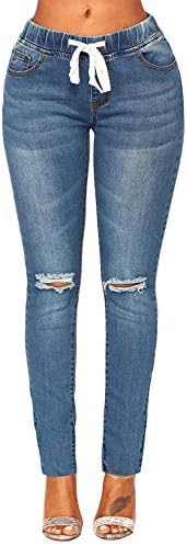ACKKIA Women's Elastic Waist Skinny Stretch Ripped Distressed Slim Denim Jeans Pants Blue Color, Size M