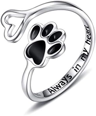 Puppy Pet Lovers Paw Print Ring Heart 925 Sterling Silver Adjustable Ring Pet Animal Jewelry Creative Pierced Love Dog Cat Claw Ring Pet Loving Friend Families Gifts (Black heart paw ring)