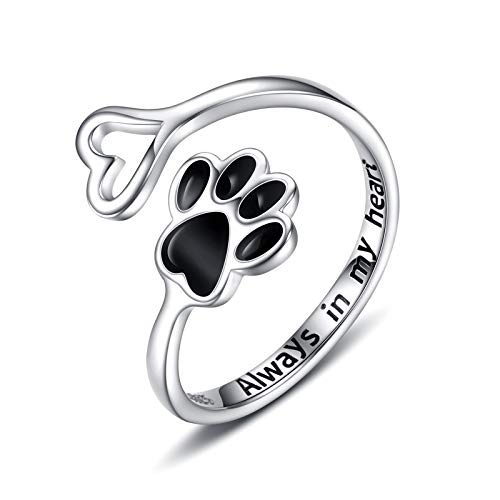 Puppy Lovers Paw Print Heart 925 Sterling Silver Adjustable Ring - Pet Animal Jewelry Creative Pierced Love Dog Cat Claw Ring - Gift for Pet Loving Friends and Families