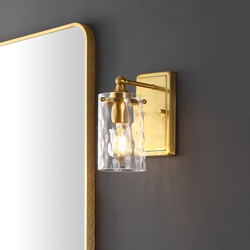 Image of SAFAVIEH Lighting Collection Jobie Brass /Glass Shade Wall Sconce Set of 2 Light Fixture, Ideal for Bathroom, Entryway, Vanity, Foyer, Hallway, Living Room (LED Bulbs Included)