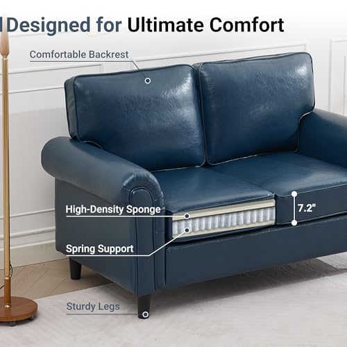 Image of Kingfun Loveseat 2 Seater Couch, Mid Century Modern Faux Leather Sofa with Rolled Arms and Deep Seats, Fluffy Comfort for Living Room, Apartment, Easy Assembly, Blue