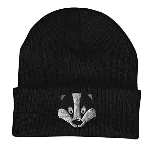Badger Face Cute Animal Embroidered Beanie Hat Logo Men's - Black