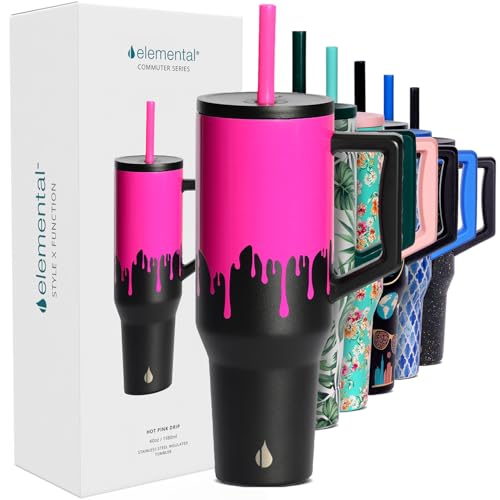 Image of Elemental Spill Proof 40oz Insulated Tumbler with Handle & Straw Travel Mug | Stainless Steel Commuter Travel Coffee Mug for Cold Beverages, Includes 2 Straws & a Spill Proof Lid for Everyday Use