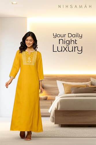 Image of NIHSAMAH Viscose Nighty for Women, Embroidered & Printed Stylish Night Gown, Long Sleeve Comfortable Sleepwear Long Nightwear, Maxi