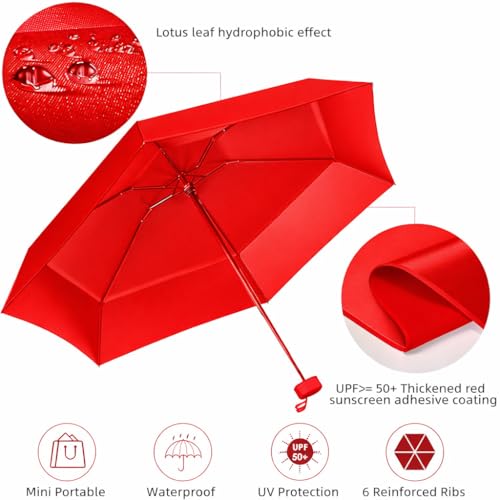Image of TEKCOOL Travel Mini Folding Compact Umbrella with Case, Manual Open 6 Ribs Lightweight Portable, Small Sun & Rain Pocket Umbrella for Girls and Women- Use in Rain & Summer(Red)''