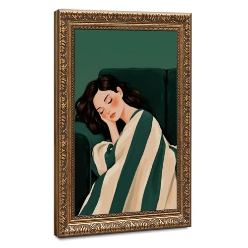 Décoration de bureau poster femme rayé vert émeraude paysage sportif cadre doré