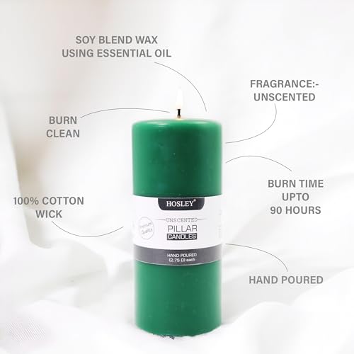 Image of HOSLEY 6 Inch Long Unscented Green Pillar Candles| Decoration Candles|Soy & Paraffin Wax Candles Perfect for Home Decor, Party, Wedding, Gifting|90 Hours Burn Time|Smokeless & Dripless|Pack of 1