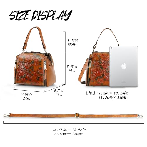 Image of Women Genuine Leather Handbags, Organizer Retro Vegetable Tanning Leather Satchel Vintage Embossing Shoulder Bag Brown