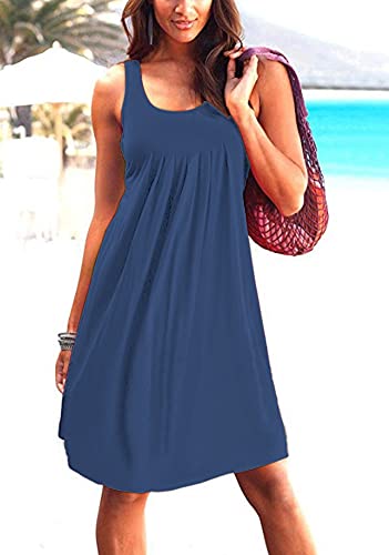 Image of Camisunny Women Casual Loose Tank Dresses Sleeveless Beach Vacation Dress Swing Pleated U Neck Fashion Soft