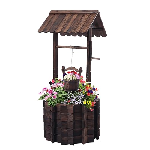 NestNature 25.56" Carbonized Wooden Wishing Well Planter for Outside, Rustic Outdoor Wishing Well with 4 Reinforced Rods & Hanging Bucket, Decorative Well Cover for Yard Garden Patio Lawn Backyard