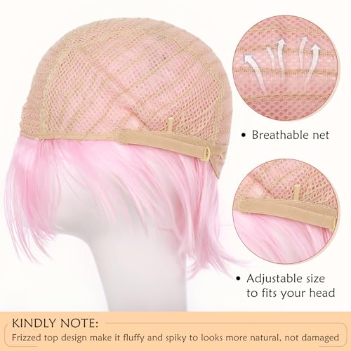 Image of S-noilite Unisex Short Pink Anime Cosplay Wig Women Men's Short Fluffy Layered Pixie Wigs Straight Heat Resistant Synthetic Full Wigs for Halloween Anime Comic-con Costume Party Dress Pink
