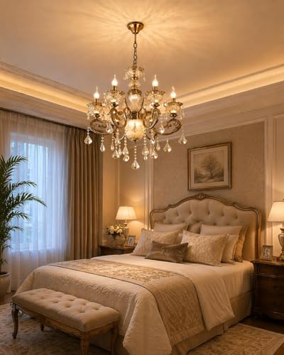 Image of Modern Crystal Chandelier, 6-Light Ceiling Light Glass Fixture, Antique Bronze with Crystal Droplets, Gold Designer Shades for Living, Dining, Bedroom, Staircase & Foyer with Filament Bulbs