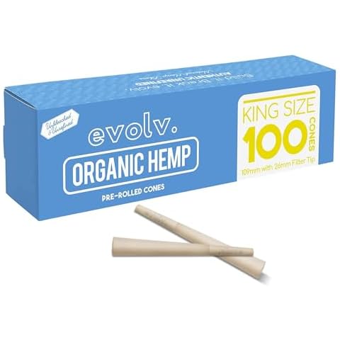 Evolv Organic Hemp Pre Rolled Cones Rolling Paper | King Size (109/26mm) | 100 Count Case | Unbleached, Slow Burning Preroll Cones | Artisan Crafted Rolling Cone Cover