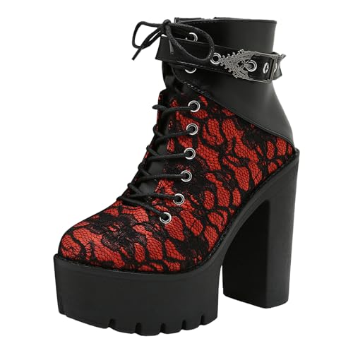 Platform Boots for Women,Women's Fashion Lace up Block Heel Combat Ankle Booties Studded Motorcycle Boot Mid Calf Round Toe Boots2