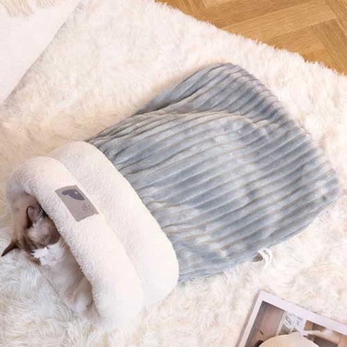 猫 寝袋 洗いやすい 冬 ぬくぬく 猫 布団 ケージ用 寝床 可愛い 猫 ふとん 筒型 冬用ハウス寒さ対策 ペットベッド 猫犬小動物用 保温防寒 猫 ドーム型ベッド 可愛い 冬寒さ対策 (M,グレーブルー)