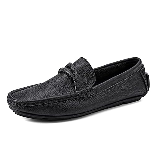 Mocassins masculinos sapatos penny loafer couro genuíno costura detalhes dedo do pé redondo salto plano confortável anti-deslizamento moda deslizamento em (Color : Black, Size : 43 EU)