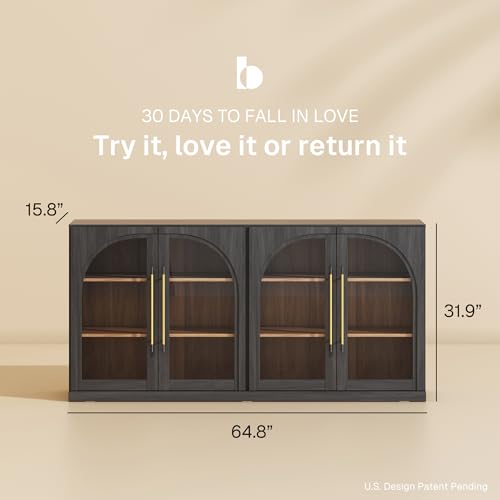 Image of BELLEZE 65 inch Arched Sideboard with Glass Door, Accent Buffet Cabinet with Storage and Adjustable Shelves, Classic Modern Large Console Table for Dining Room Living Room Entryway (Ebony)