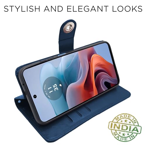 Image of Pikkme Moto G24 Power Flip Cover Leather Finish | Inside TPU with Card Pockets | Wallet Stand and Shock Proof | Complete Protection Button Flip Case (Blue)