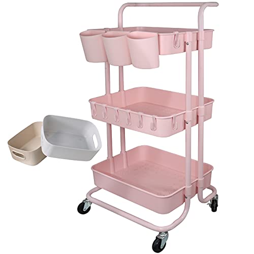 Image of Freletry 3 Tier Utility Rolling Cart Storage Organizer Shelf Rack with 3PCS Hanging Cups + 8PCS Hooks + 2PCS Storage Box for Home Office Kitchen Bathroom Storage (Pink 3 Cup+8 Hook+2 Storage Box)