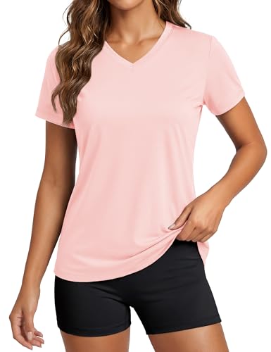 MAGCOMSEN Womens Short Sleeve Tops V Neck Workout Running Shirts Quick Dry Sun Protection UV Shirt Cooling Light Pink XL