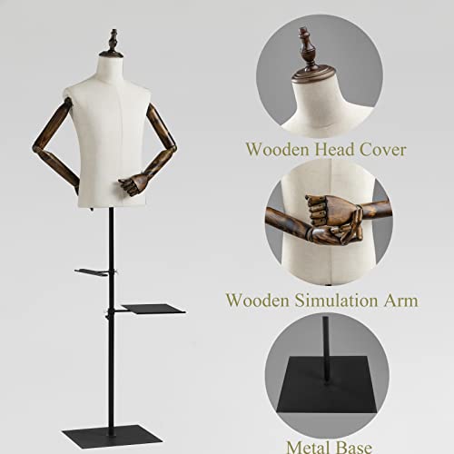 53-76Inch Male Mannequin Torso With Wooden Arms Metal Stand, Height Adjustable Dress Form Male With Detachable Trousers Rack And Shoe Holder, Pinnable Torso Display For Clothing Retail Sewing Shop #TOP2