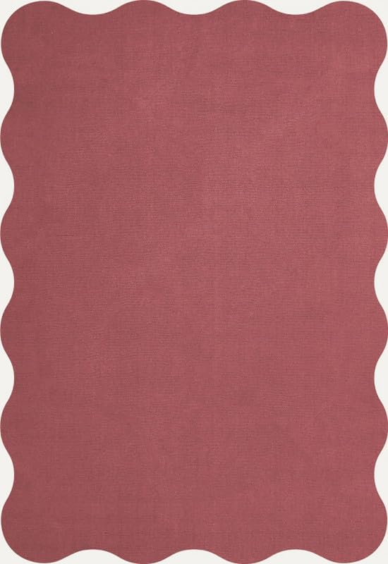 Elegant Scalloped Wool Rug in Raspberry Red, Ideal for Sophisticated Dining and Living Spaces (5x8 Ft)