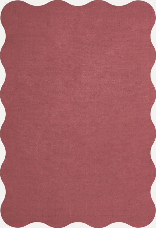 Image of Elegant Scalloped Wool Rug in Raspberry Red, Ideal for Sophisticated Dining and Living Spaces (2.5x11 Ft)