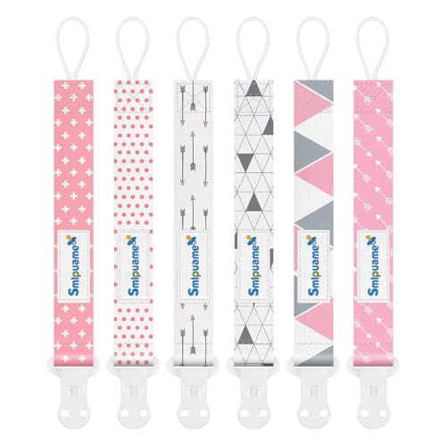 Image of Smlpuame Pacifier Clip Girl,6 Pack Stylish Binky Clips Strap for Baby Girls,Paci Holder with Clip Lightweight Universal Fits Most Pacifiers Teether Toy Teething Ring Soothie,Baby Gifts(Pink & Grey)