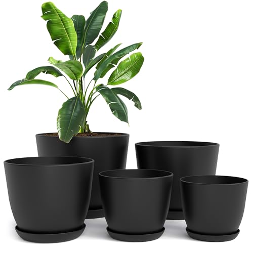 Plant Pots Indoor with Drainage, 5 Pack Multi-Size Planters Set, Black