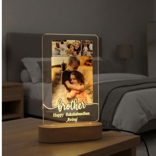 Image of Personalized Rakshabandhan Table Lamp for Brother - Custom Photo LED Night Light with Name - Multicolor Acrylic Lamp Gift for Brother from Sister - Rakhi Decorative Keepsake