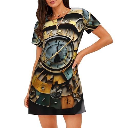 Chemise de nuit manches courtes anti-chaleur imprimé horloge
