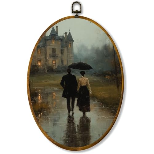 Couple in Rain Oval Wall Art, Vintage Romantic Canvas Print, 8.5x11.5